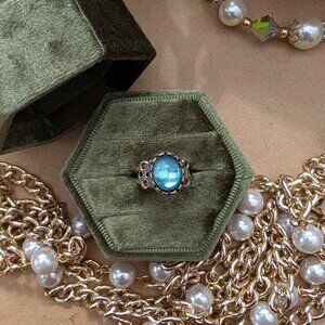 Vintage Belle Epoque style silver tone ring, etched band, sky blue cabochon